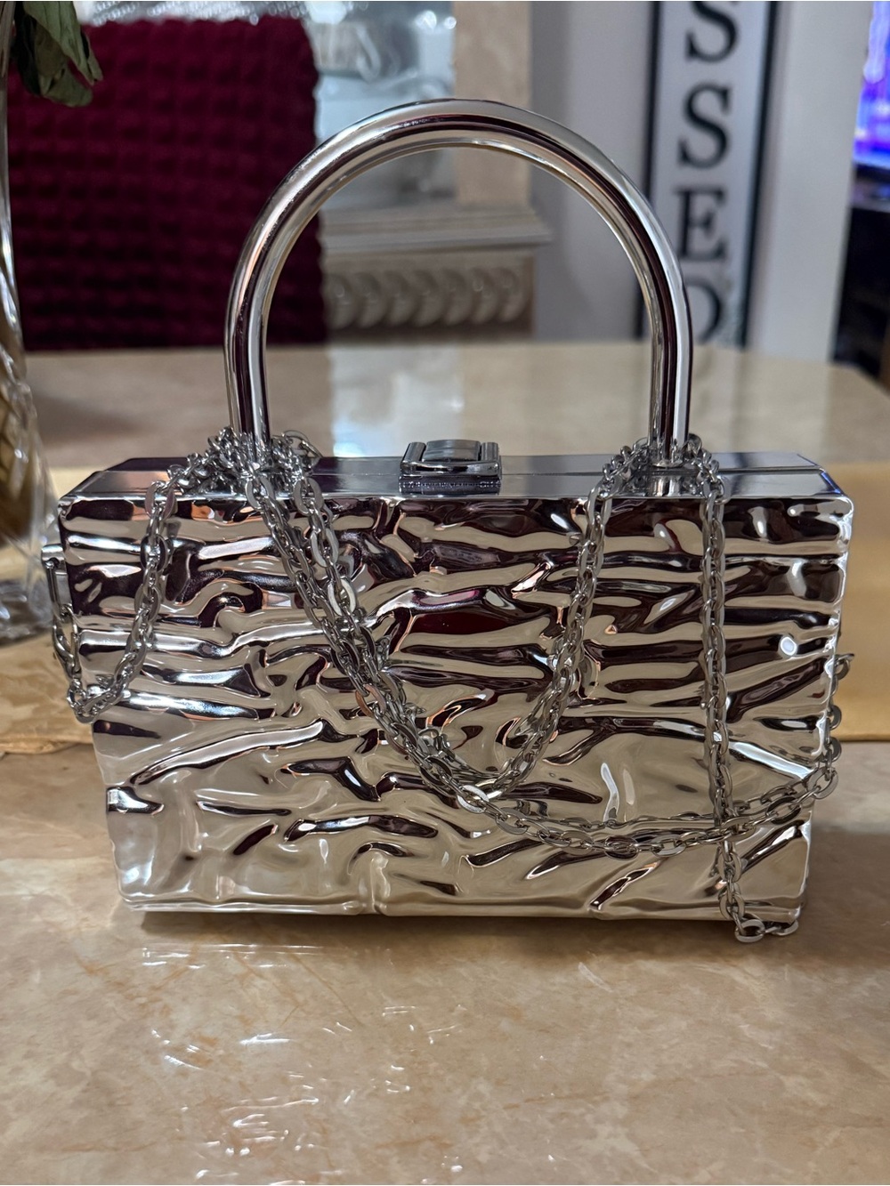 Silver Metallic Mirror Clutch Bag